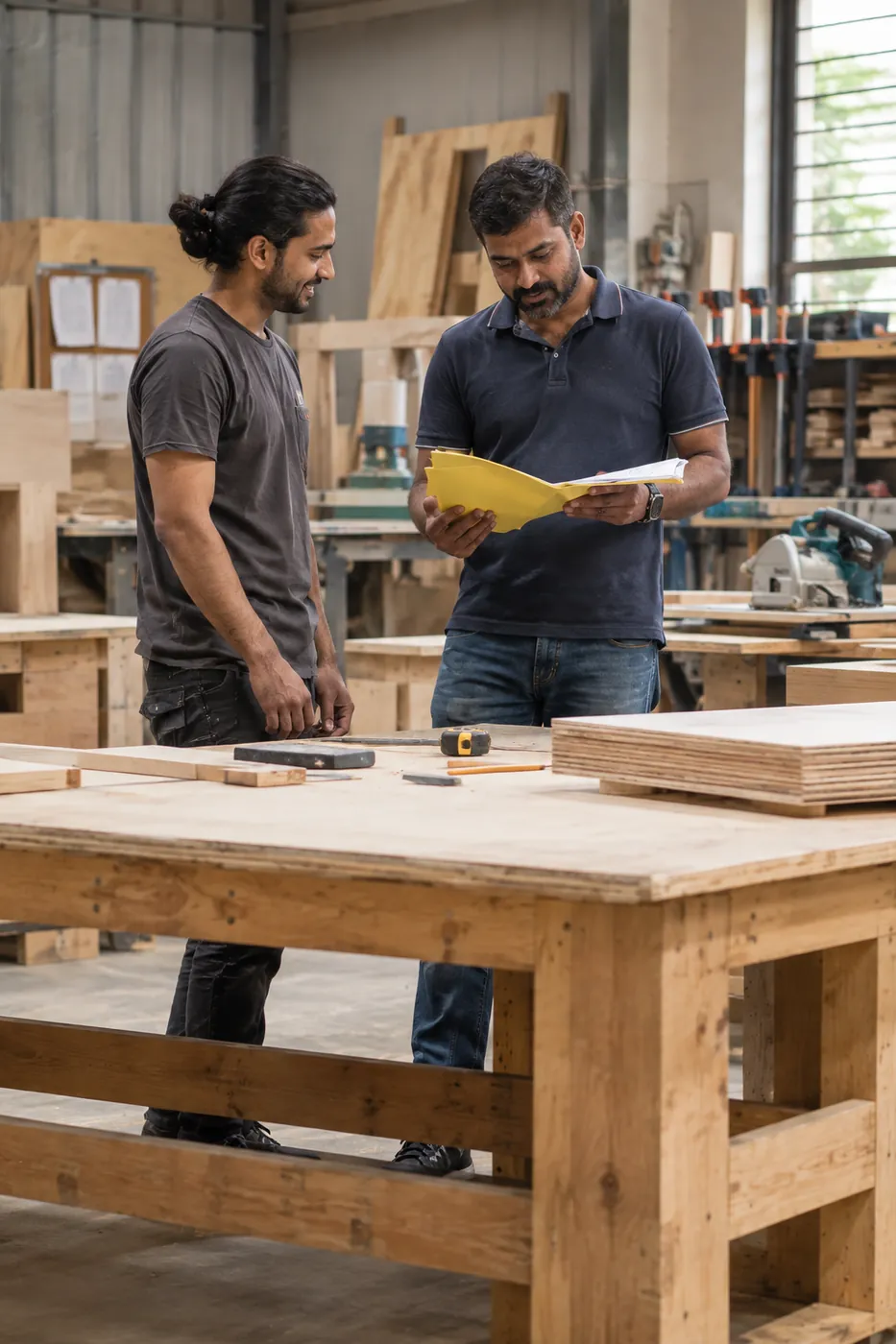 Two craftsmen reviewing plans at a workshop bench