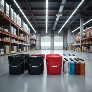 Resin drums stored in a manufacturing warehouse