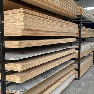 Plywood sheets stacked on warehouse racks