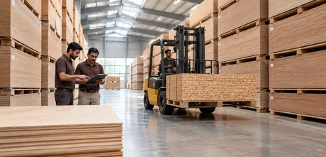 Workers and a forklift in the AK Apple Ply warehouse