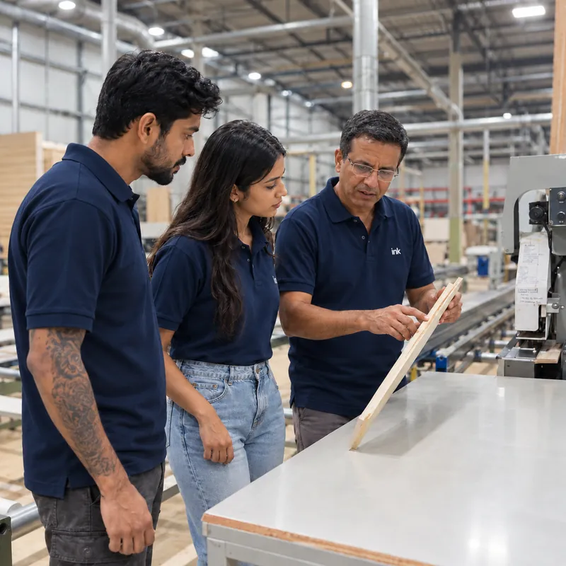 AK team examining a panel sample on the factory floor