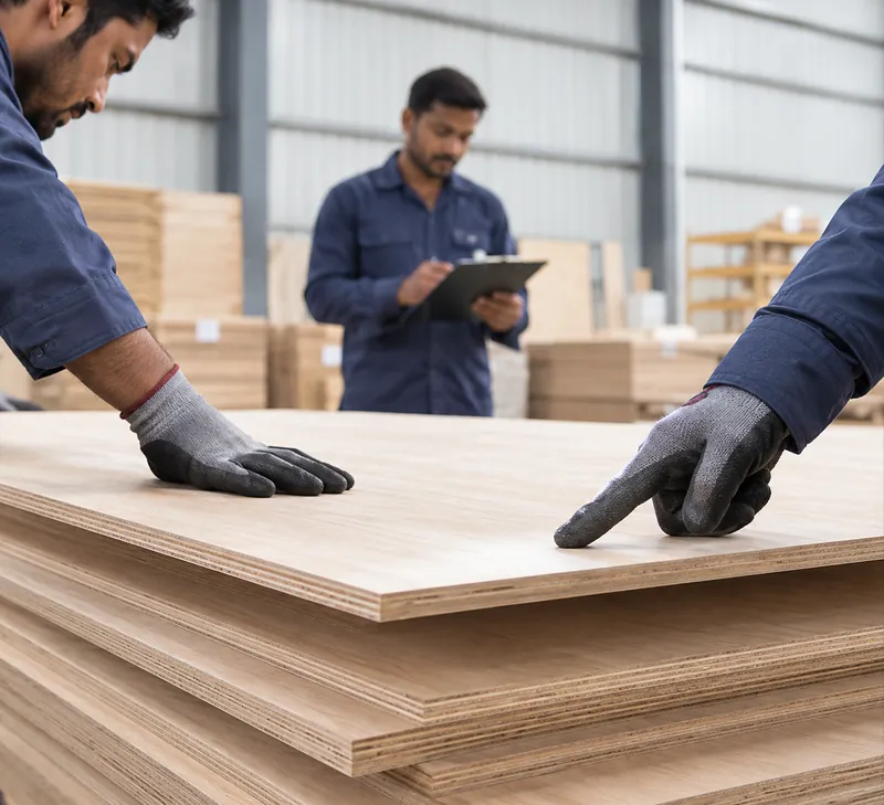 Gloved hands inspecting the surface of stacked plywood