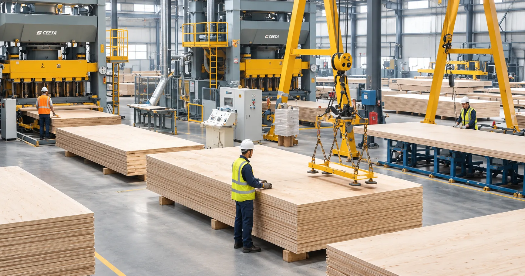 Workers handling stacks of plywood sheets on the AK manufacturing floor