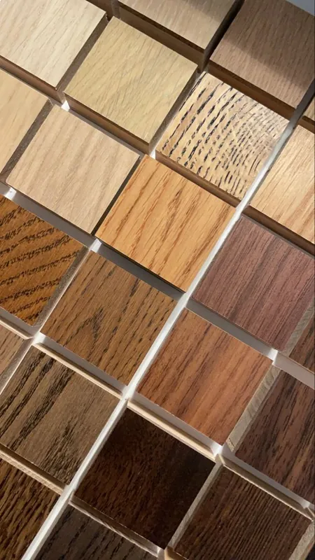 Grid of wood veneer and laminate swatches