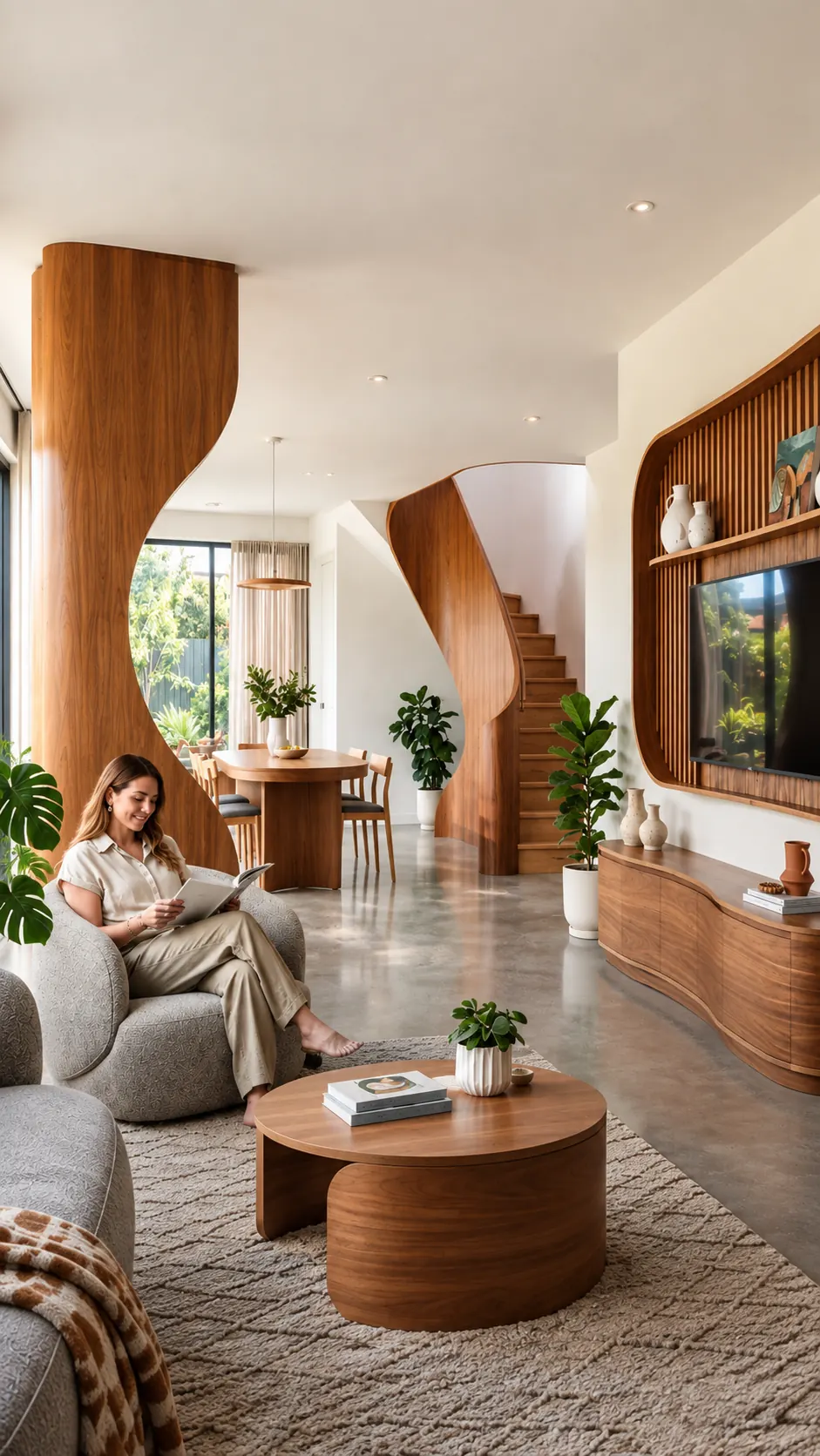 Living room with curved walnut wall panelling, a sculpted staircase and a slatted media wall