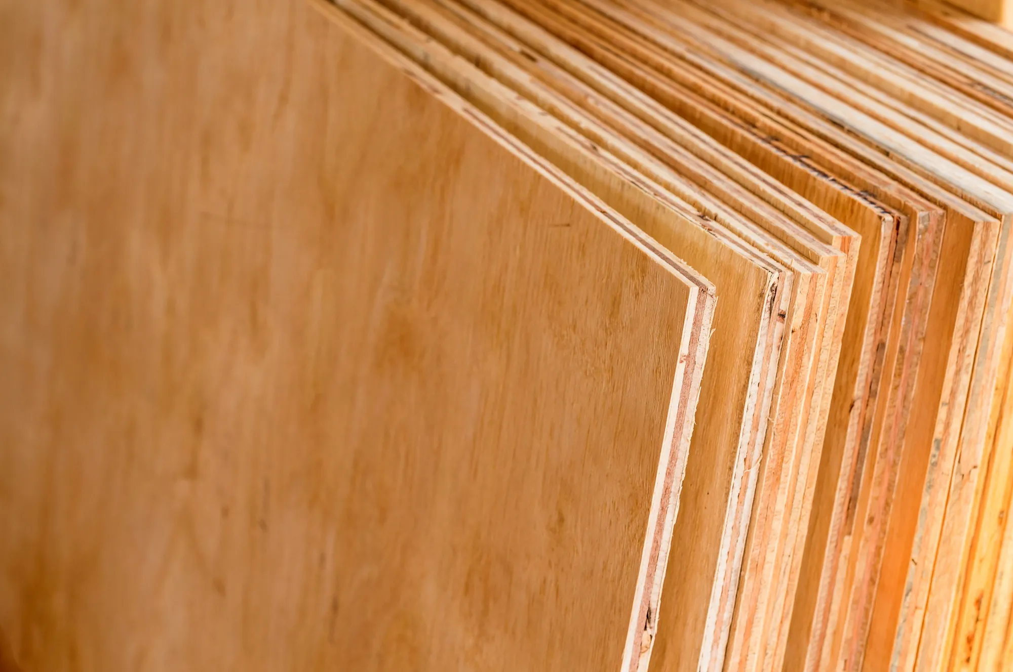 Close-up of plywood sheets stacked on edge, showing their layered cores