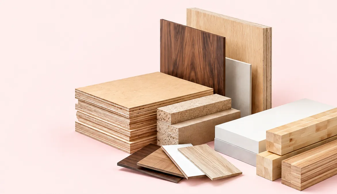 Assorted plywood, MDF, particle board and laminate samples