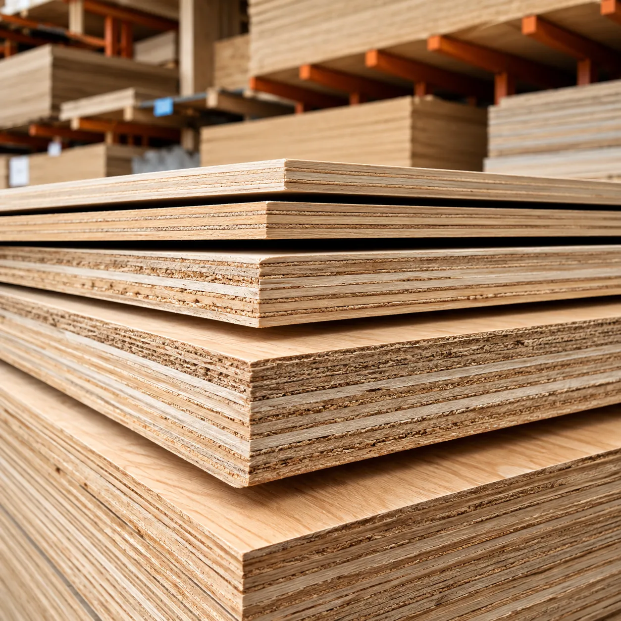 Stacks of plywood sheets showing their layered edges