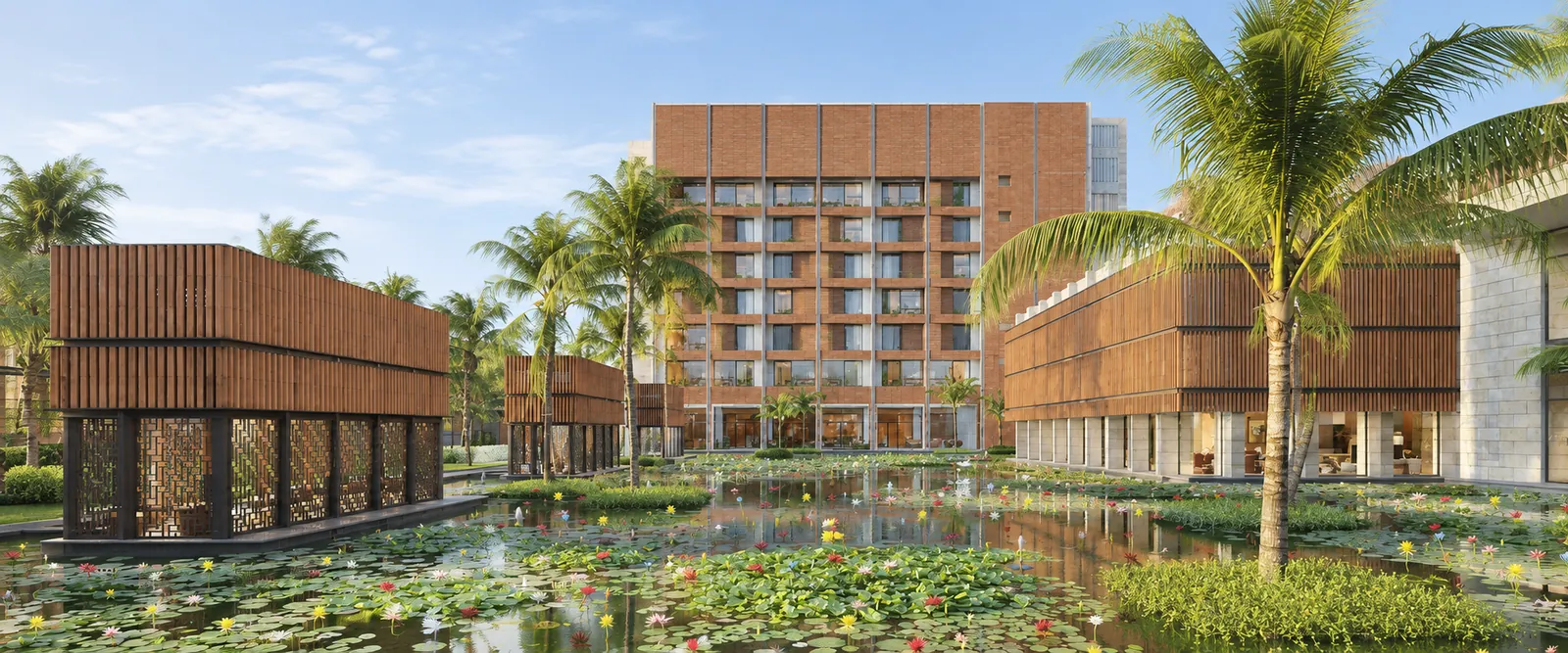 ITC Sonar, Kolkata, with a lily pond and palm trees