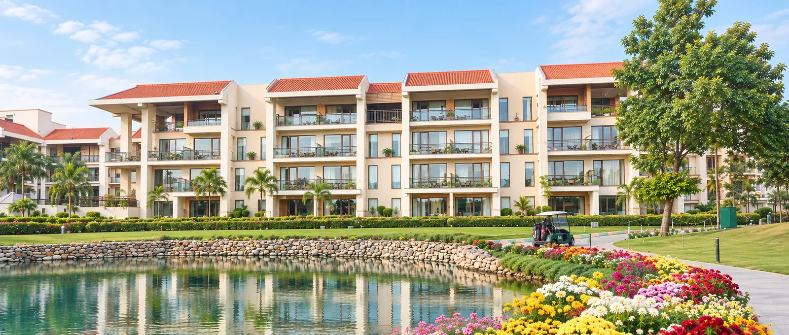 Jaypee hotel, Noida, overlooking landscaped gardens and a pool