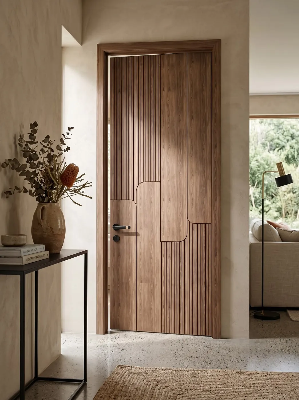 Walnut veneer door with a curved inlay in a hallway