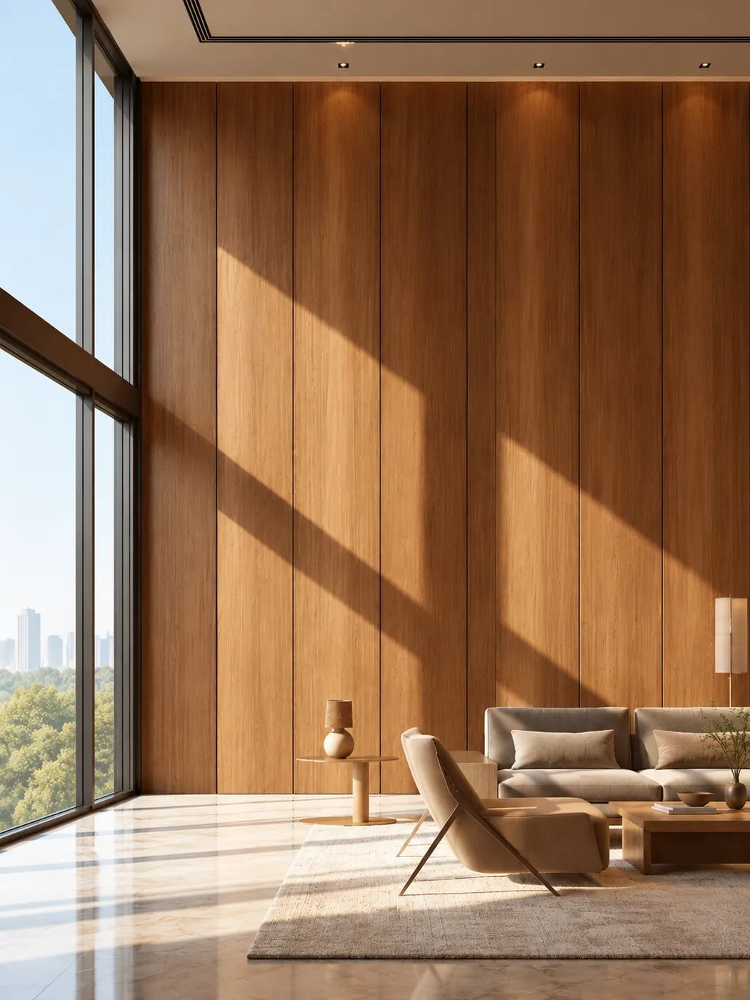 Living room with full-height wood laminate wall panelling