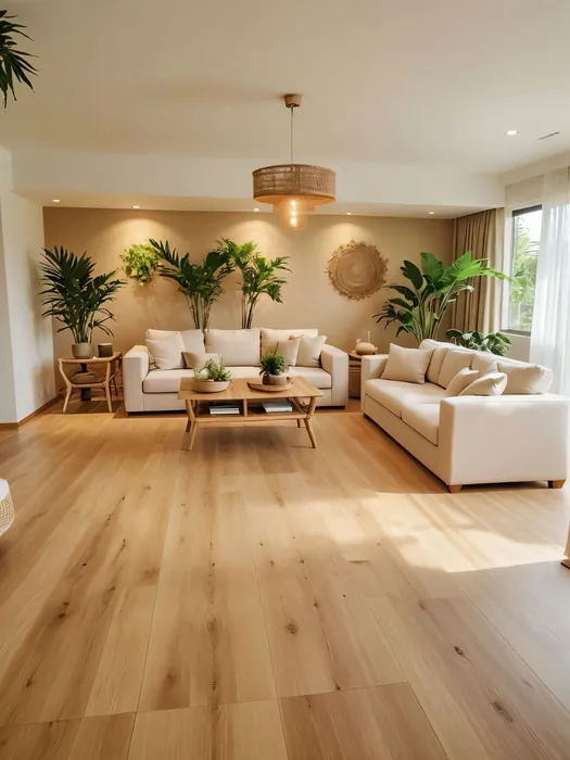 Sunlit living room with a natural wood floor