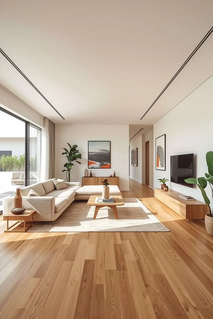 Minimal living room with oak flooring and a low media unit